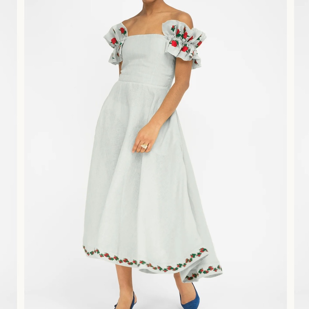 Famn man ALANYA DRESS Off-Shoulder White Midi Dress with Floral Embroidery